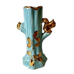 Blue Ceramic Tree Trunk 22K Gold Trim Squirrel & Leaf Design Flower Bud Vase